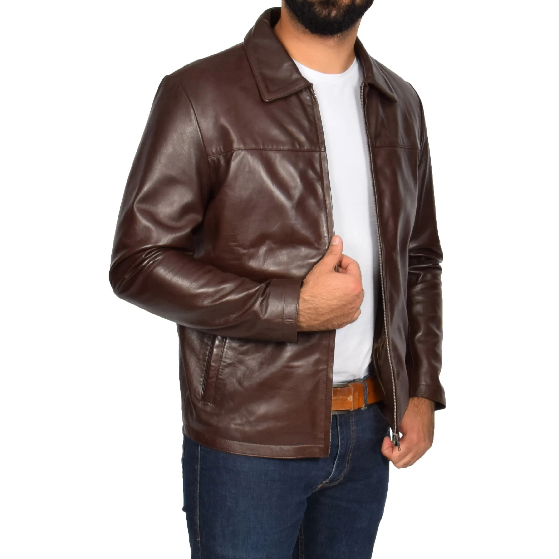 Mens Classic Zip Fasten Box Leather Jacket Tony Brown