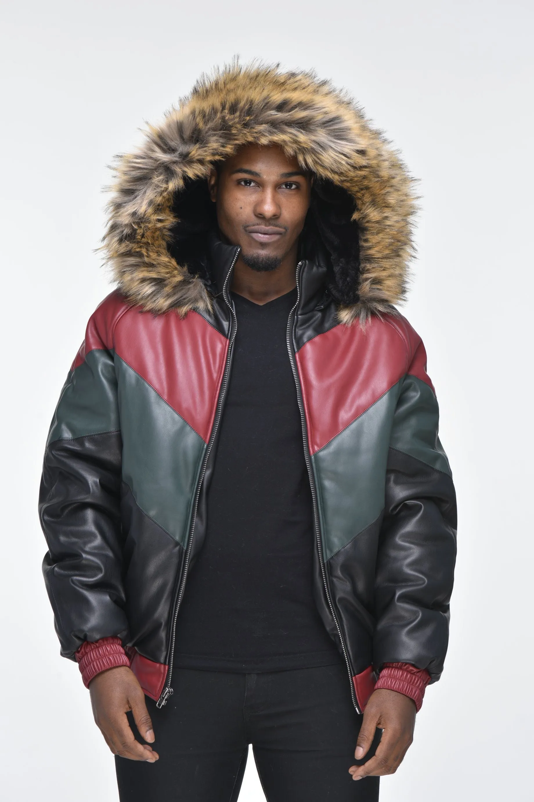 Men’s Faux Leather V Bomber Jacket with Detachable Faux Fur Hood - Red, Green, Black