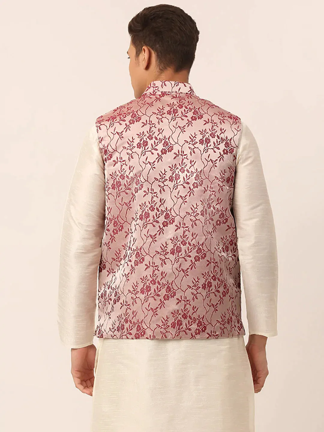 Men'S Maroon Floral Design Nehru Jacket.