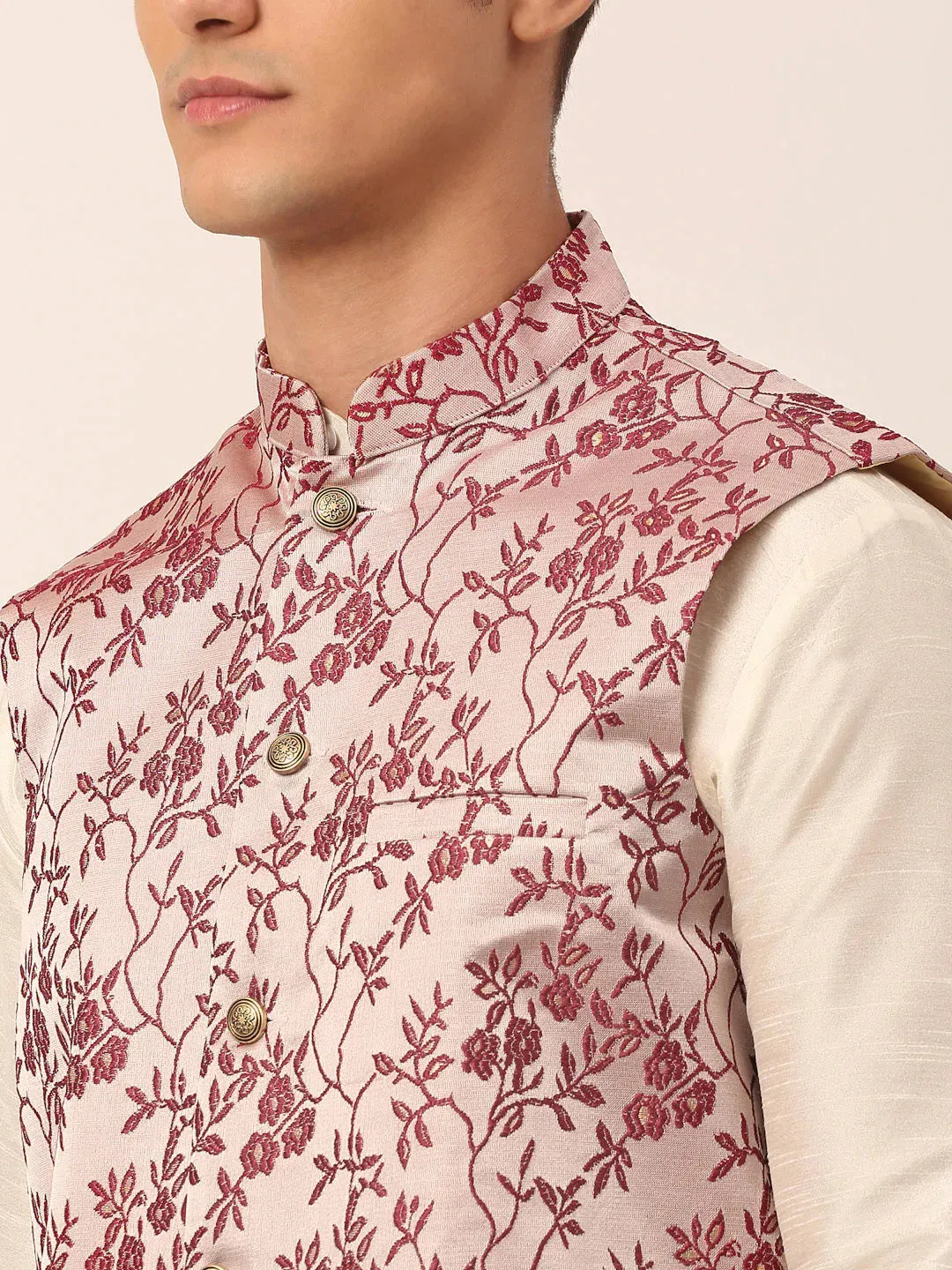 Men'S Maroon Floral Design Nehru Jacket.