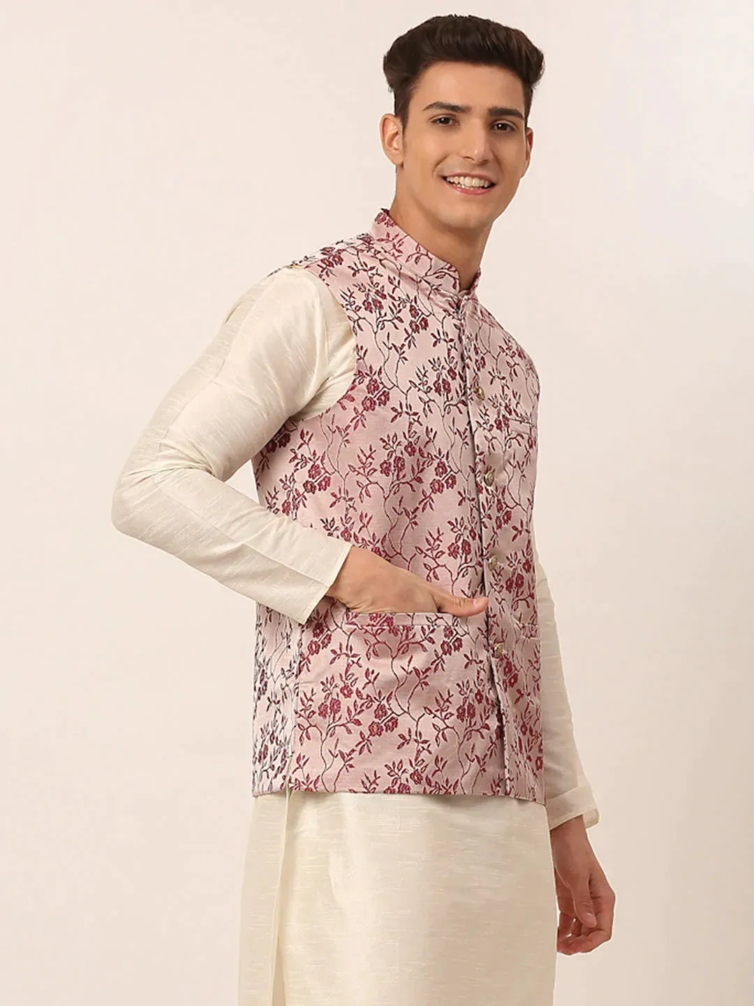 Men'S Maroon Floral Design Nehru Jacket.