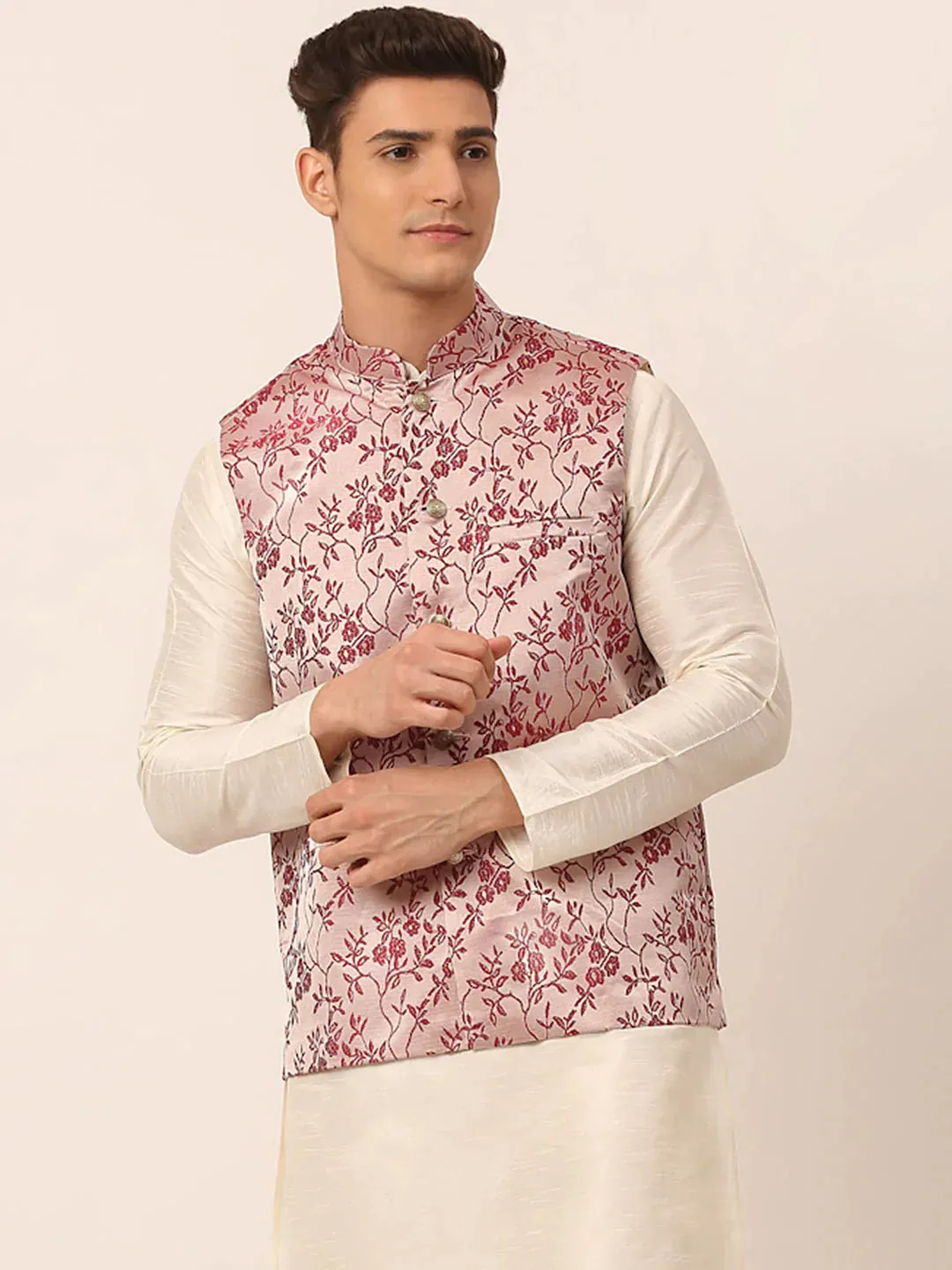 Men'S Maroon Floral Design Nehru Jacket.