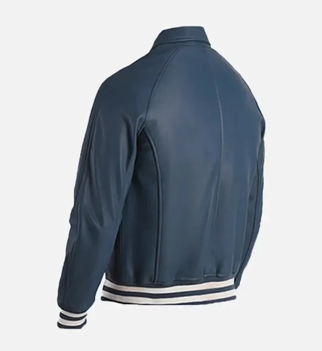 Men's Plain Blue Leather Varsity Jacket