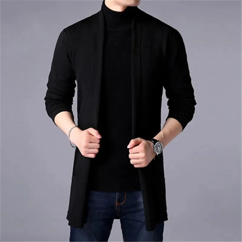 Mens Slim Fit Long Solid Colour Knitted Casual Sweater Cardigan Coat