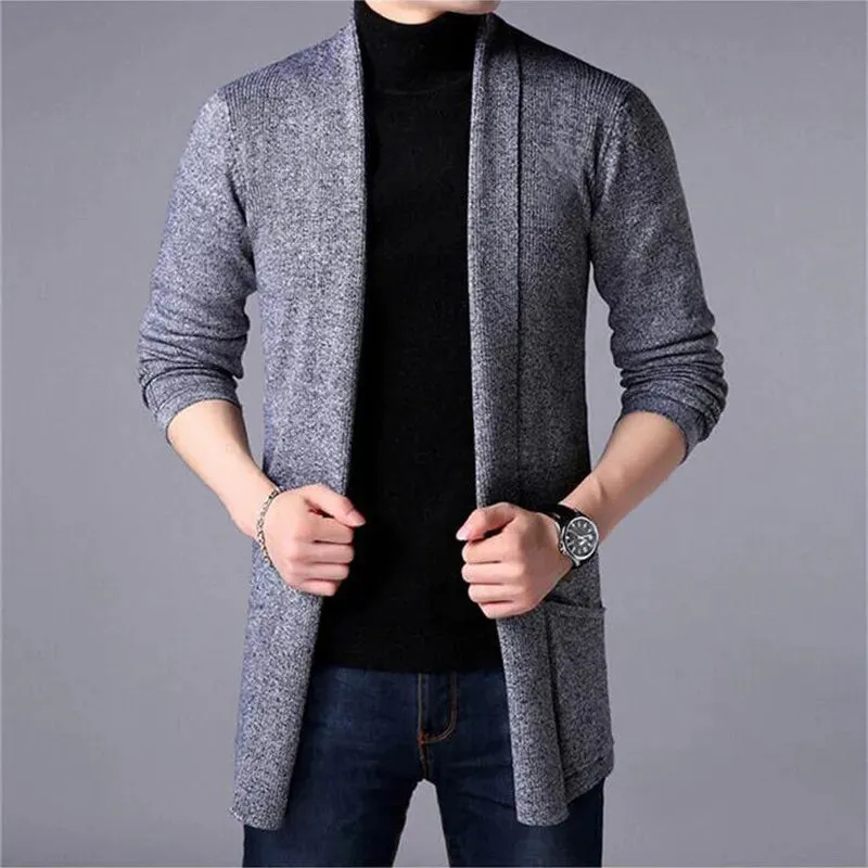 Mens Slim Fit Long Solid Colour Knitted Casual Sweater Cardigan Coat