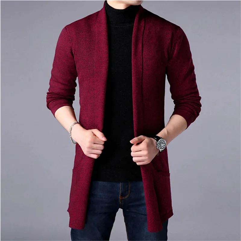 Mens Slim Fit Long Solid Colour Knitted Casual Sweater Cardigan Coat