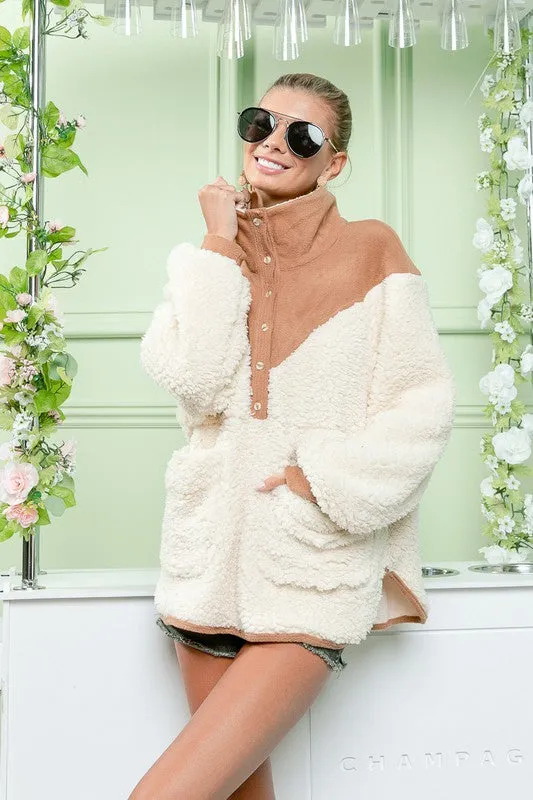 Mocha/Cream Fuzzy Sherpa Top With Pockets