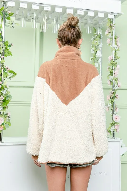 Mocha/Cream Fuzzy Sherpa Top With Pockets