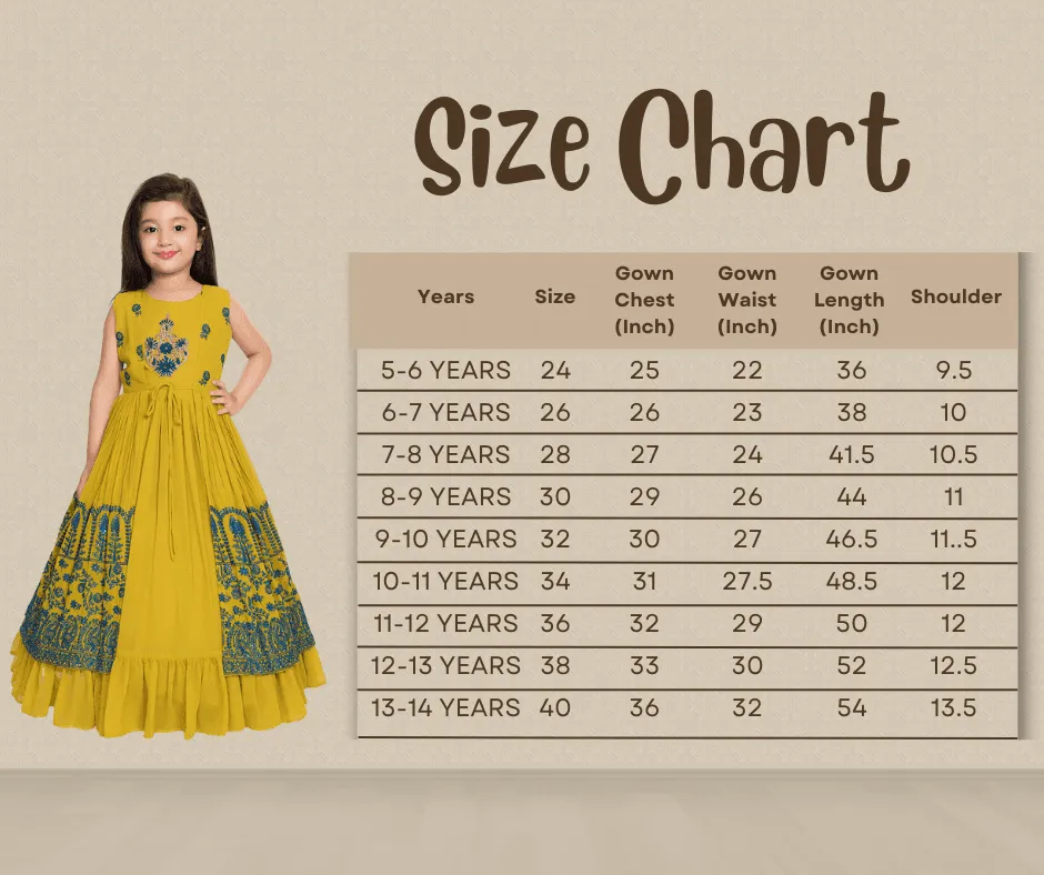 Mustard and Green Ethnic Motifs Embellished Georgette Jacket Styled Gown For Girls