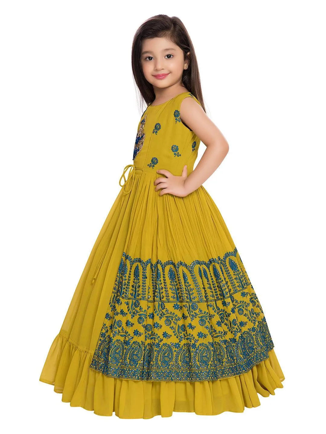 Mustard and Green Ethnic Motifs Embellished Georgette Jacket Styled Gown For Girls