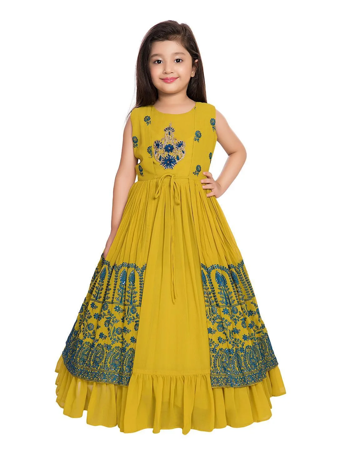 Mustard and Green Ethnic Motifs Embellished Georgette Jacket Styled Gown For Girls