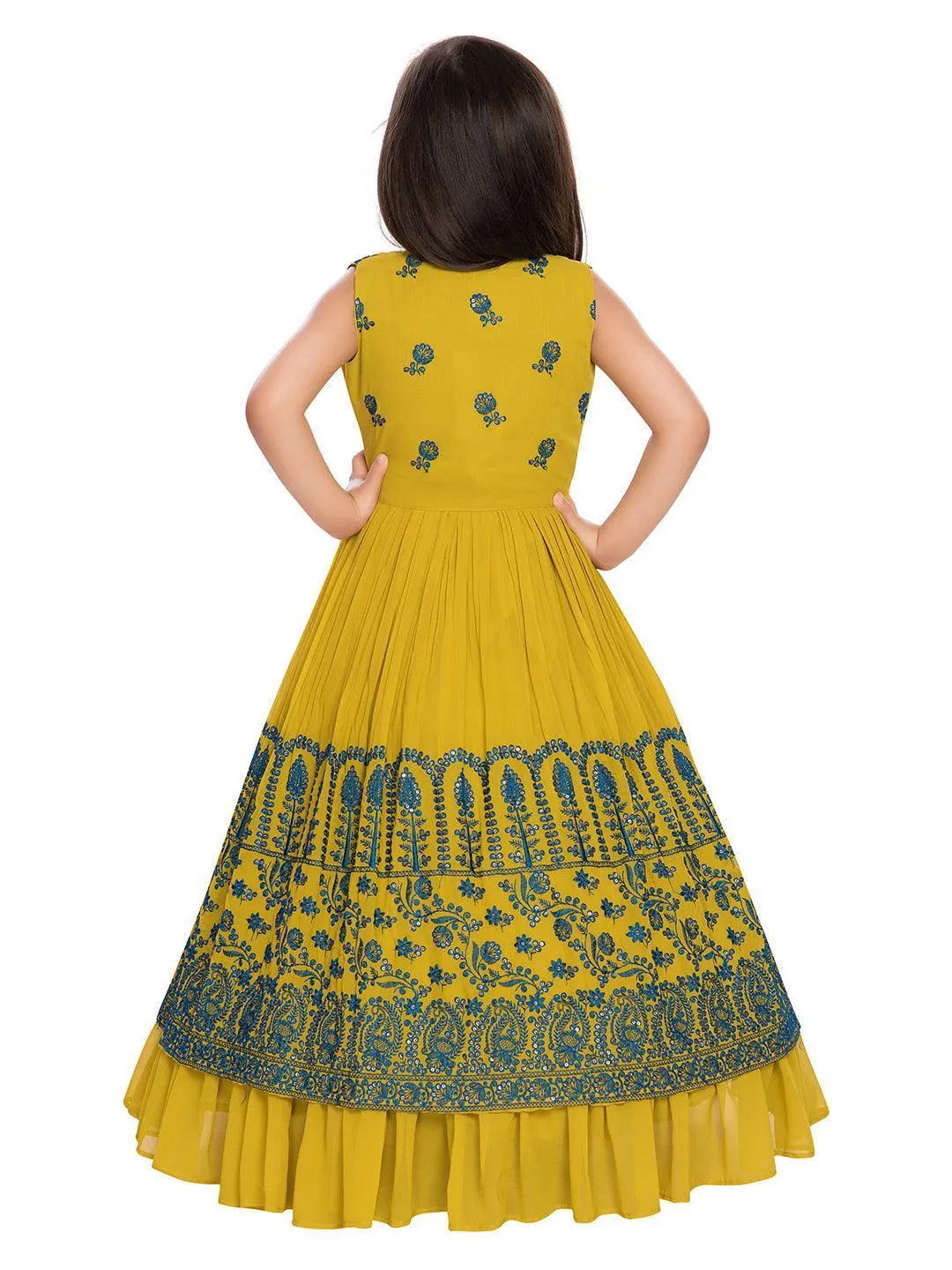 Mustard and Green Ethnic Motifs Embellished Georgette Jacket Styled Gown For Girls