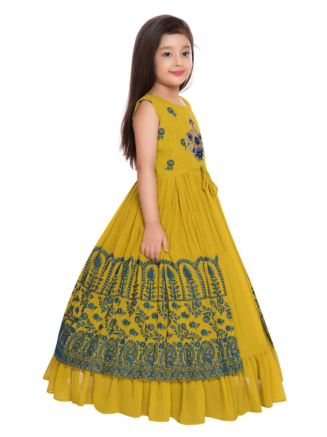 Mustard and Green Ethnic Motifs Embellished Georgette Jacket Styled Gown For Girls