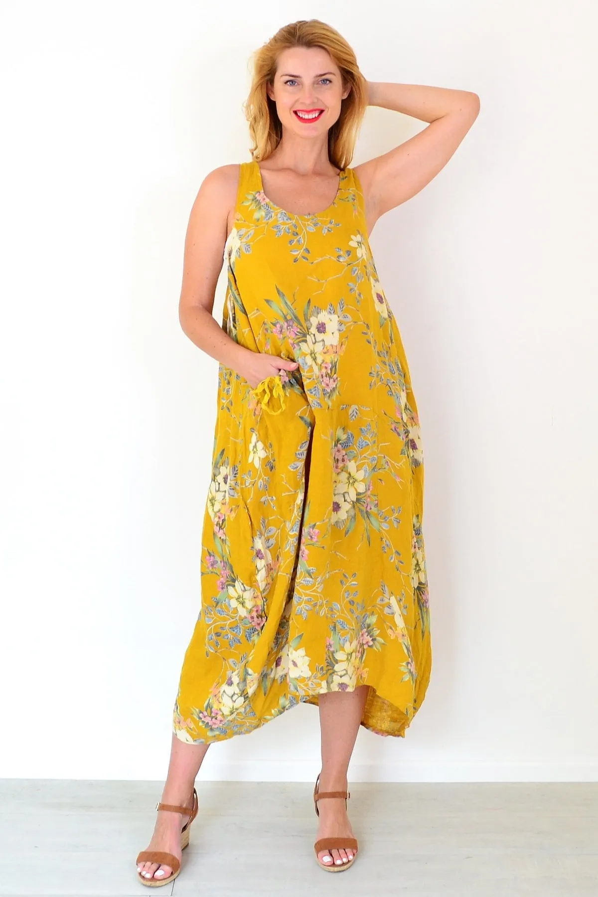 Mustard Native Flower Linen Tunic Dress