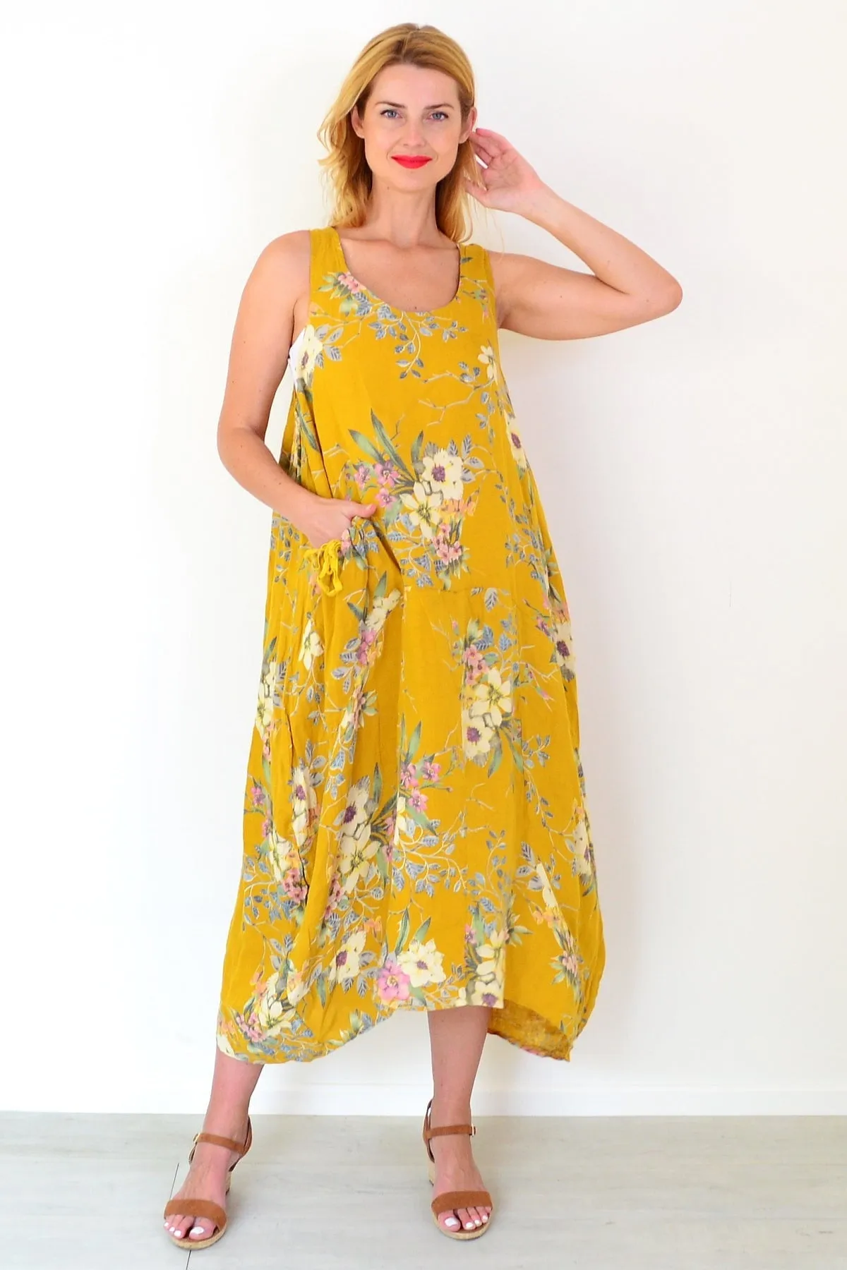 Mustard Native Flower Linen Tunic Dress