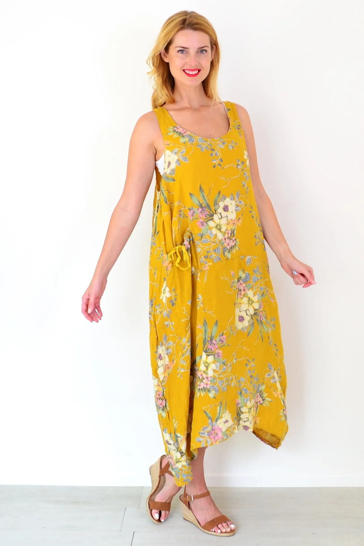 Mustard Native Flower Linen Tunic Dress