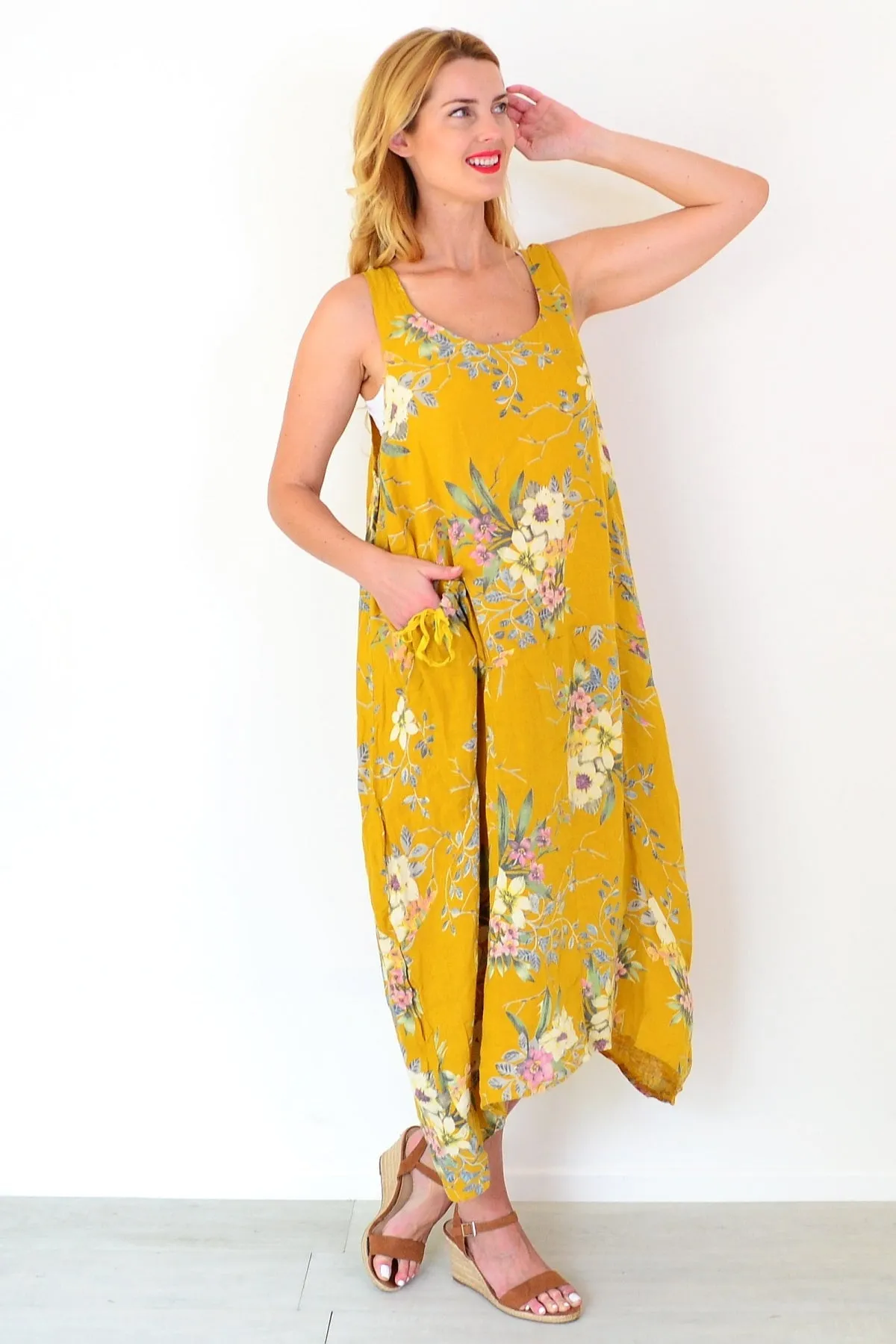 Mustard Native Flower Linen Tunic Dress