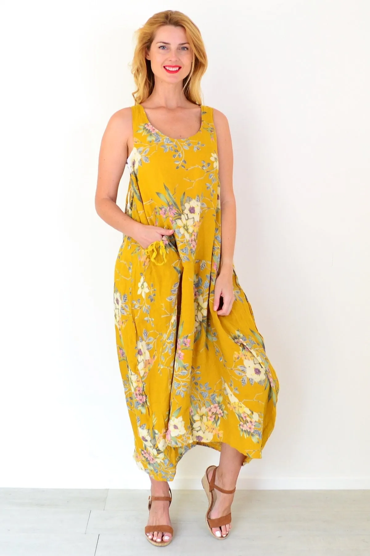 Mustard Native Flower Linen Tunic Dress