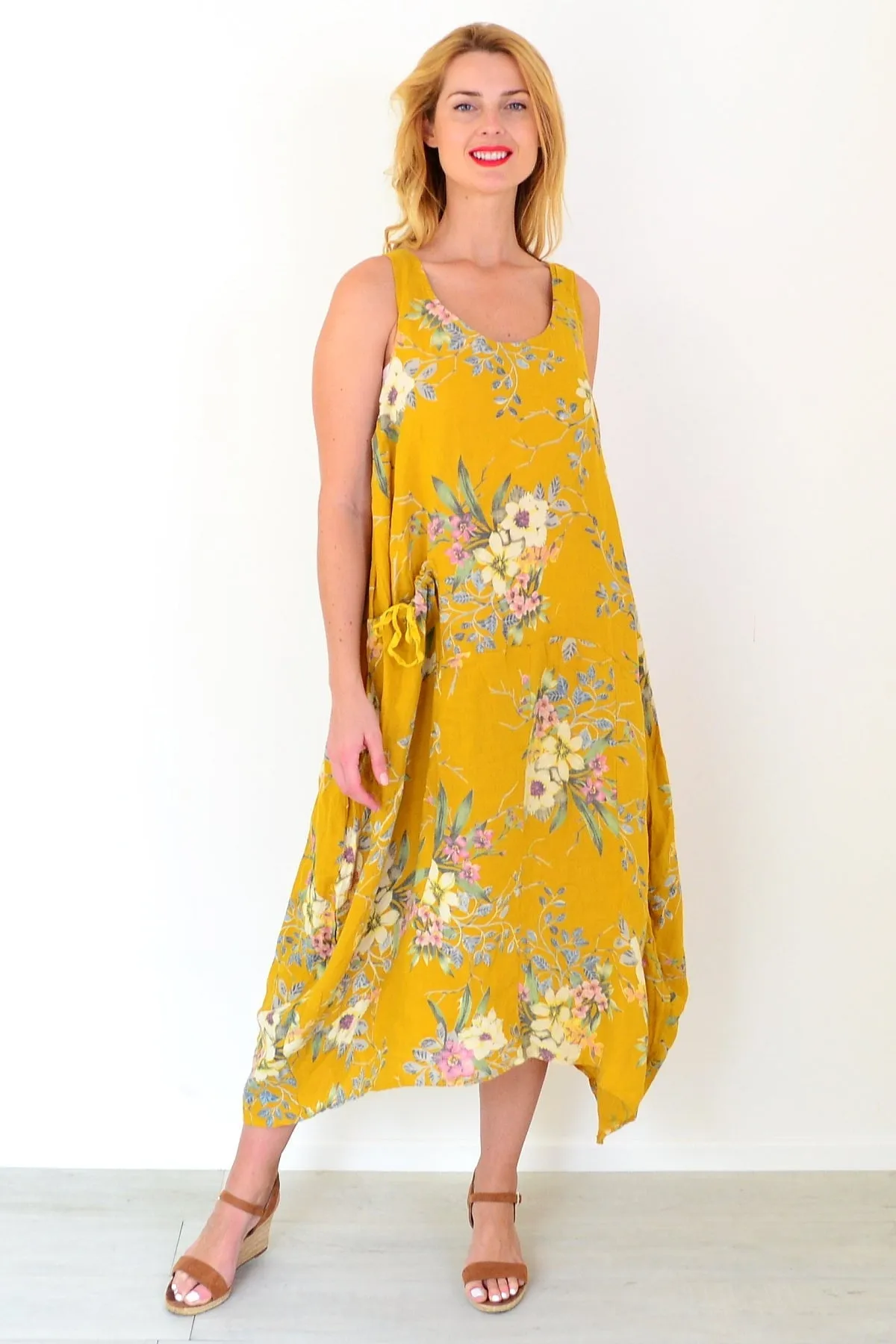 Mustard Native Flower Linen Tunic Dress