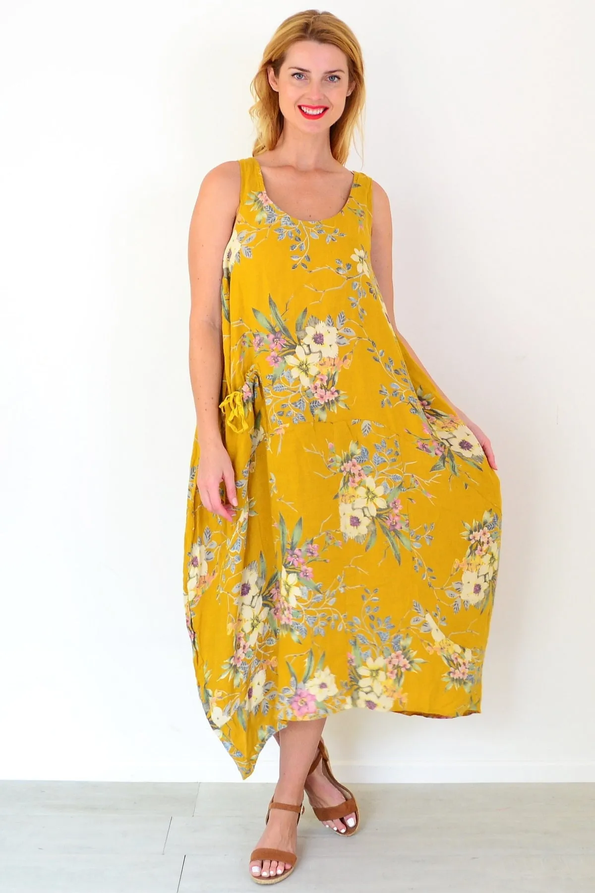 Mustard Native Flower Linen Tunic Dress