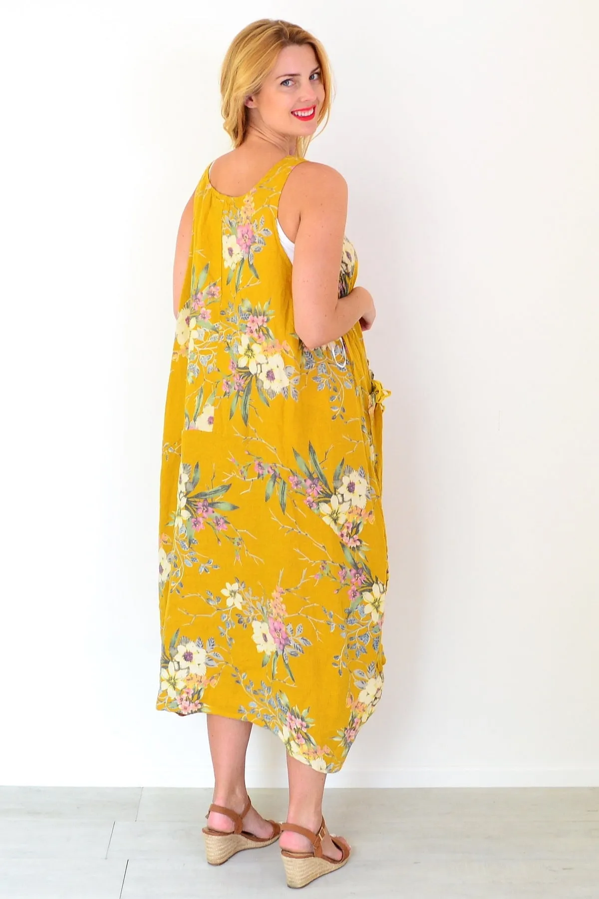 Mustard Native Flower Linen Tunic Dress