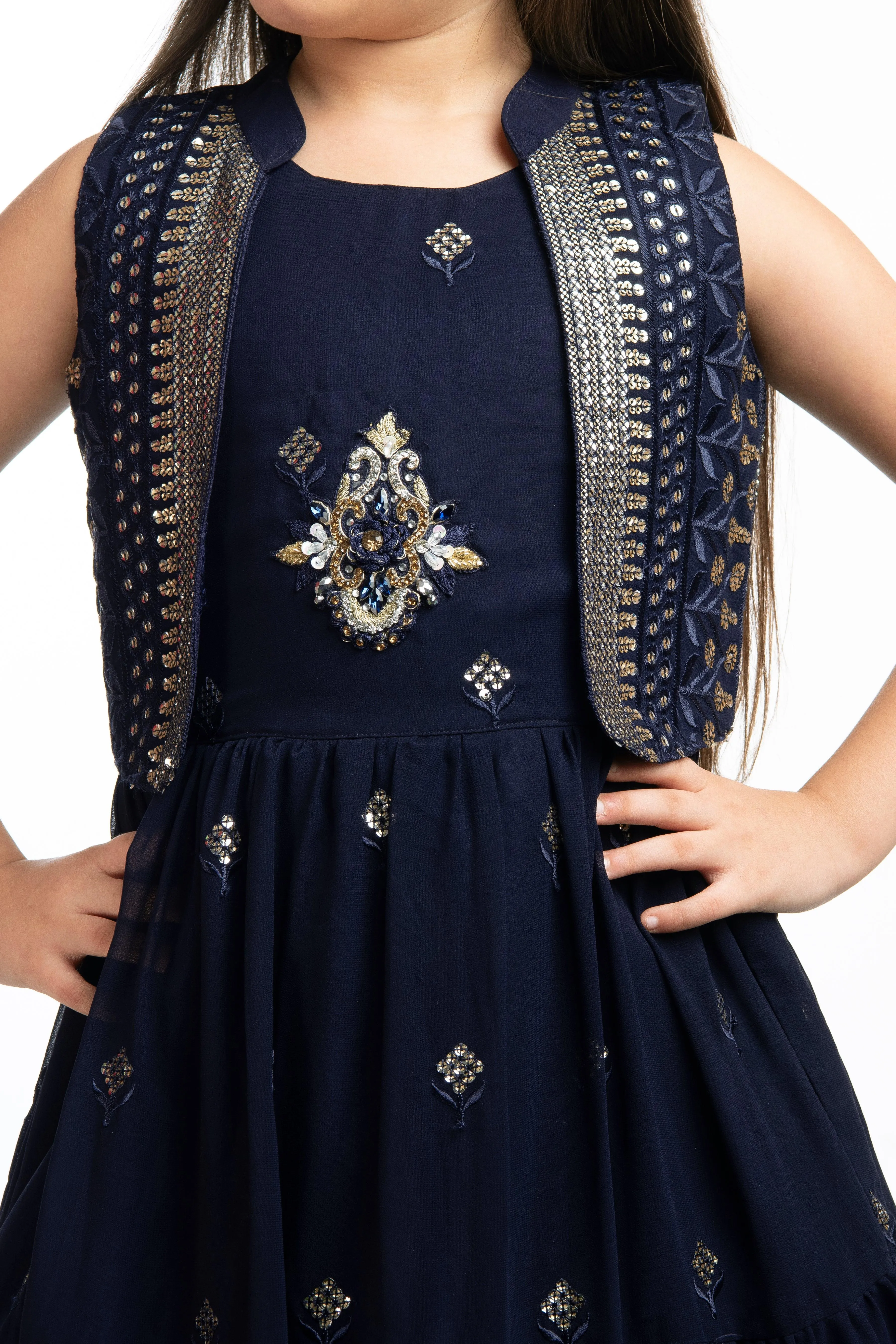 Navy Blue Coloured Gown With Jacket Heavy Embroidery Fabric For Girls