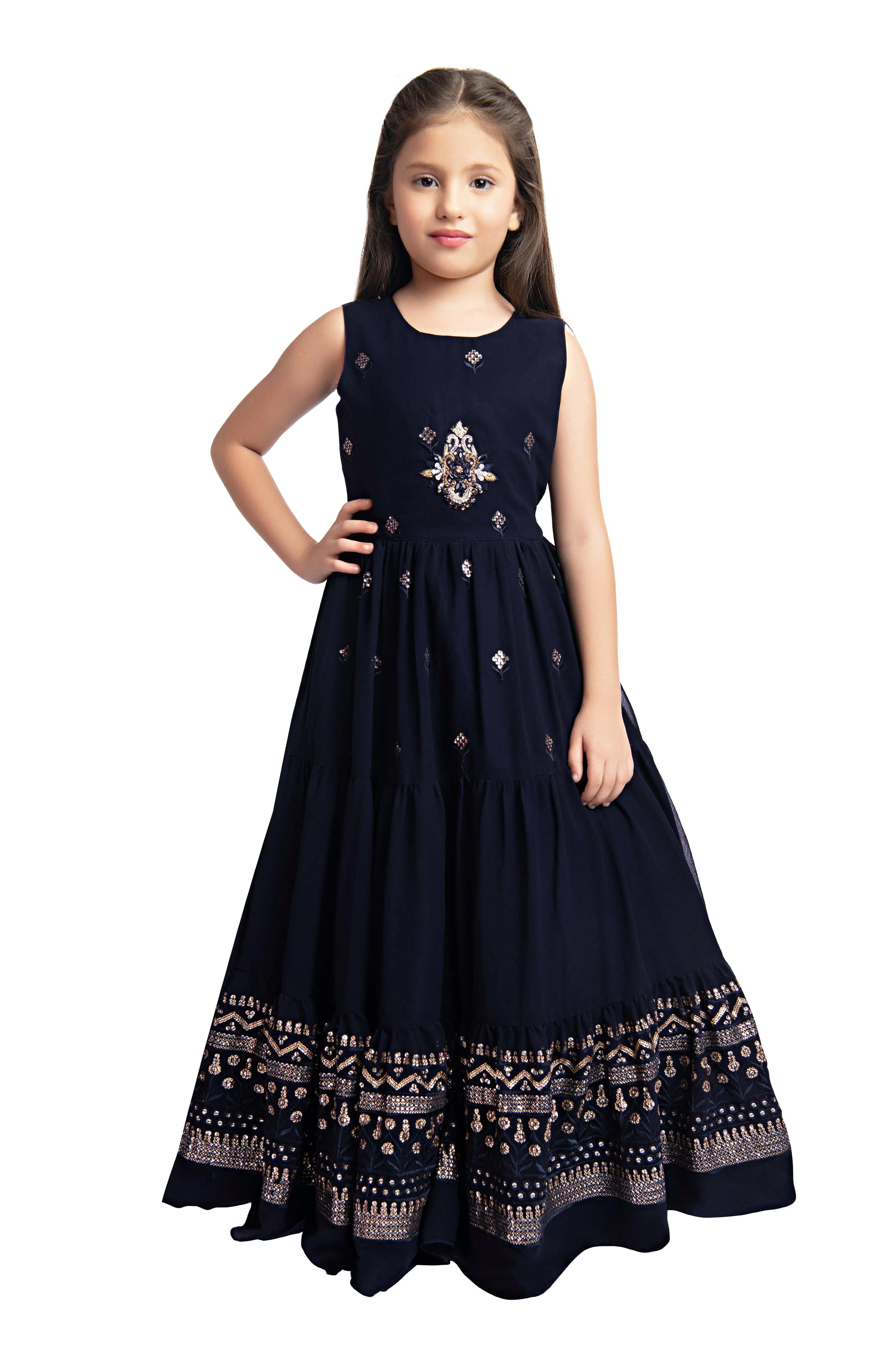 Navy Blue Coloured Gown With Jacket Heavy Embroidery Fabric For Girls