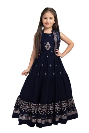 Navy Blue Coloured Gown With Jacket Heavy Embroidery Fabric For Girls