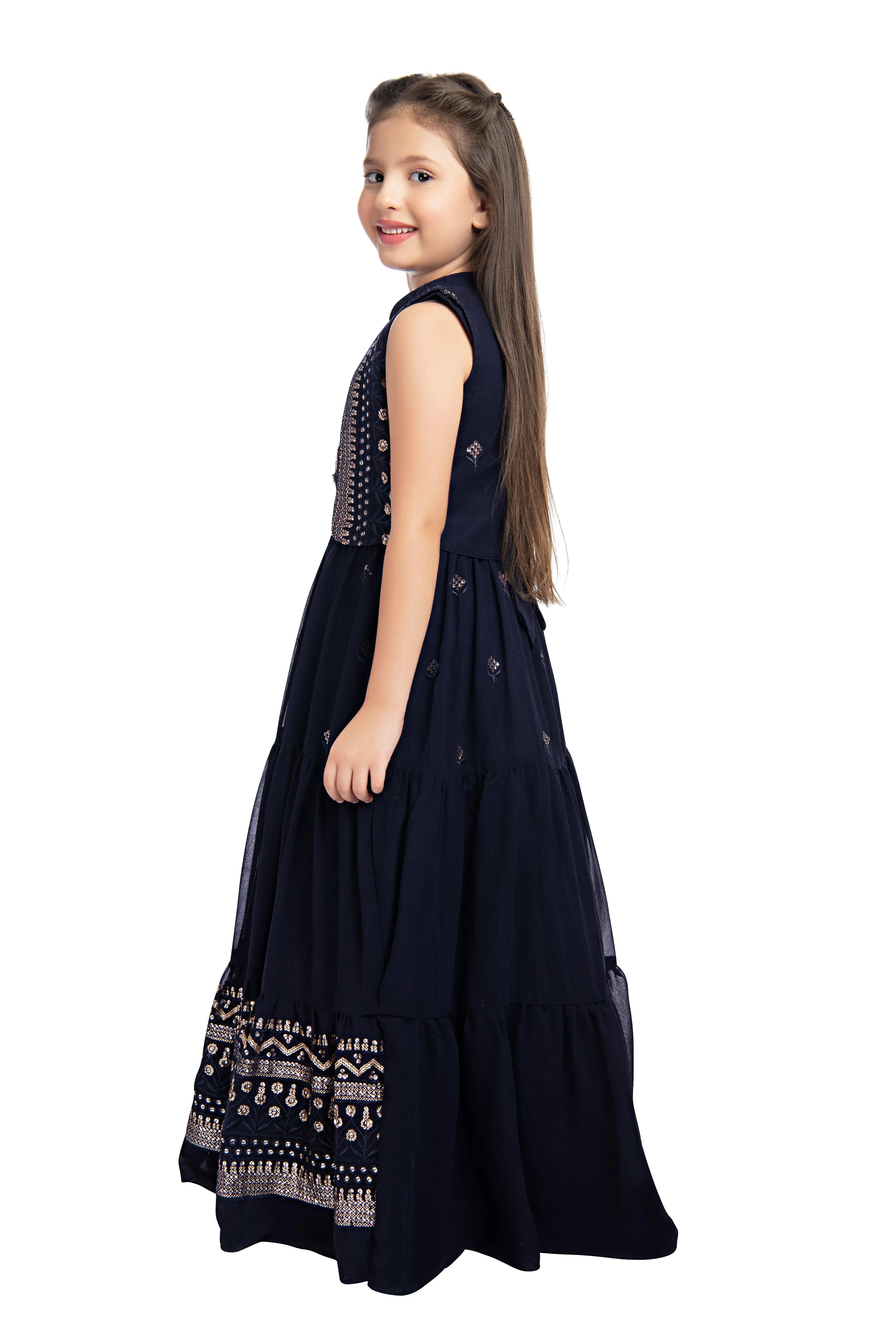 Navy Blue Coloured Gown With Jacket Heavy Embroidery Fabric For Girls