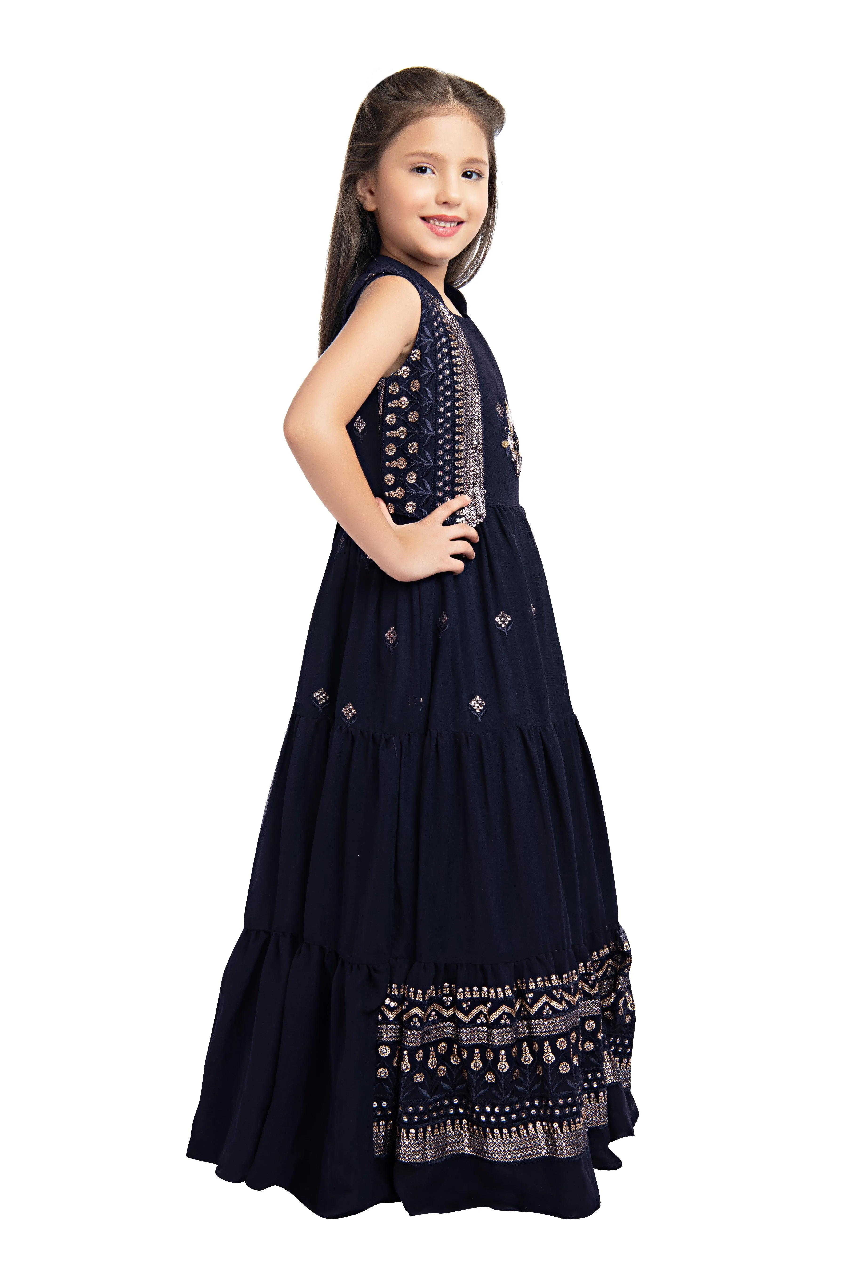 Navy Blue Coloured Gown With Jacket Heavy Embroidery Fabric For Girls