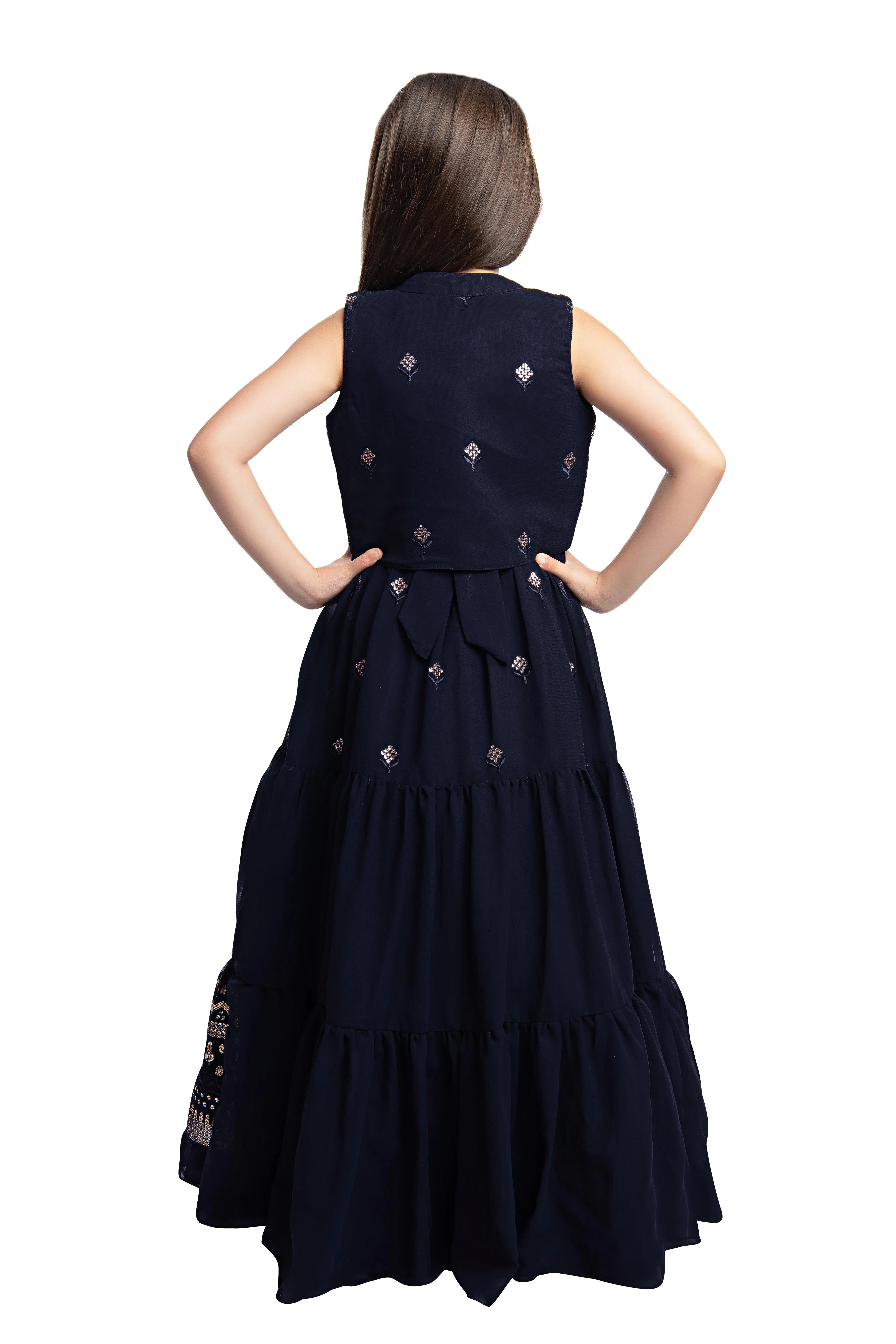 Navy Blue Coloured Gown With Jacket Heavy Embroidery Fabric For Girls