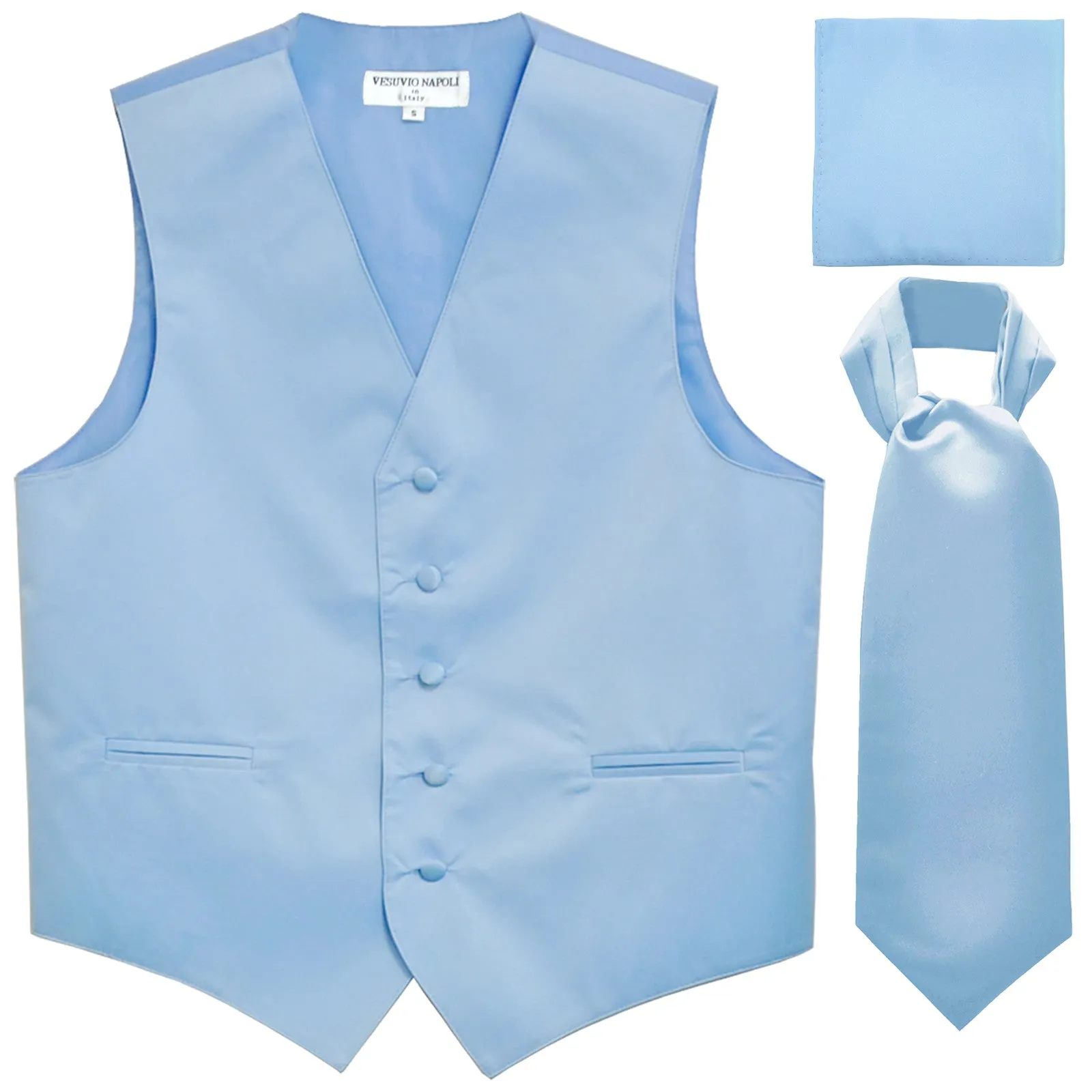 New Men's formal vest Tuxedo Waistcoat ascot hankie set wedding prom light blue