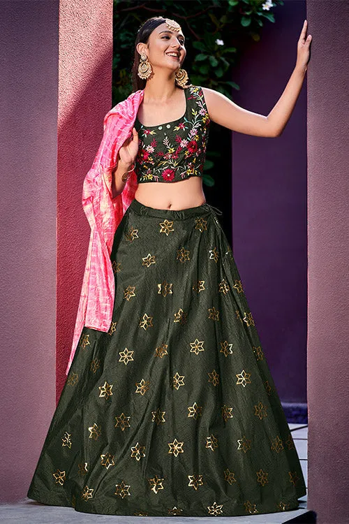 Olive Green Art Silk Sequence Embroidered Work Lehenga Choli