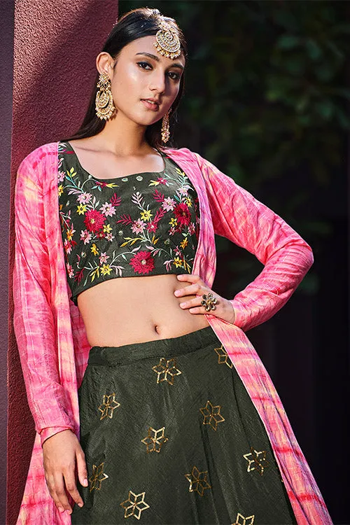 Olive Green Art Silk Sequence Embroidered Work Lehenga Choli