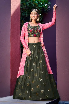 Olive Green Art Silk Sequence Embroidered Work Lehenga Choli