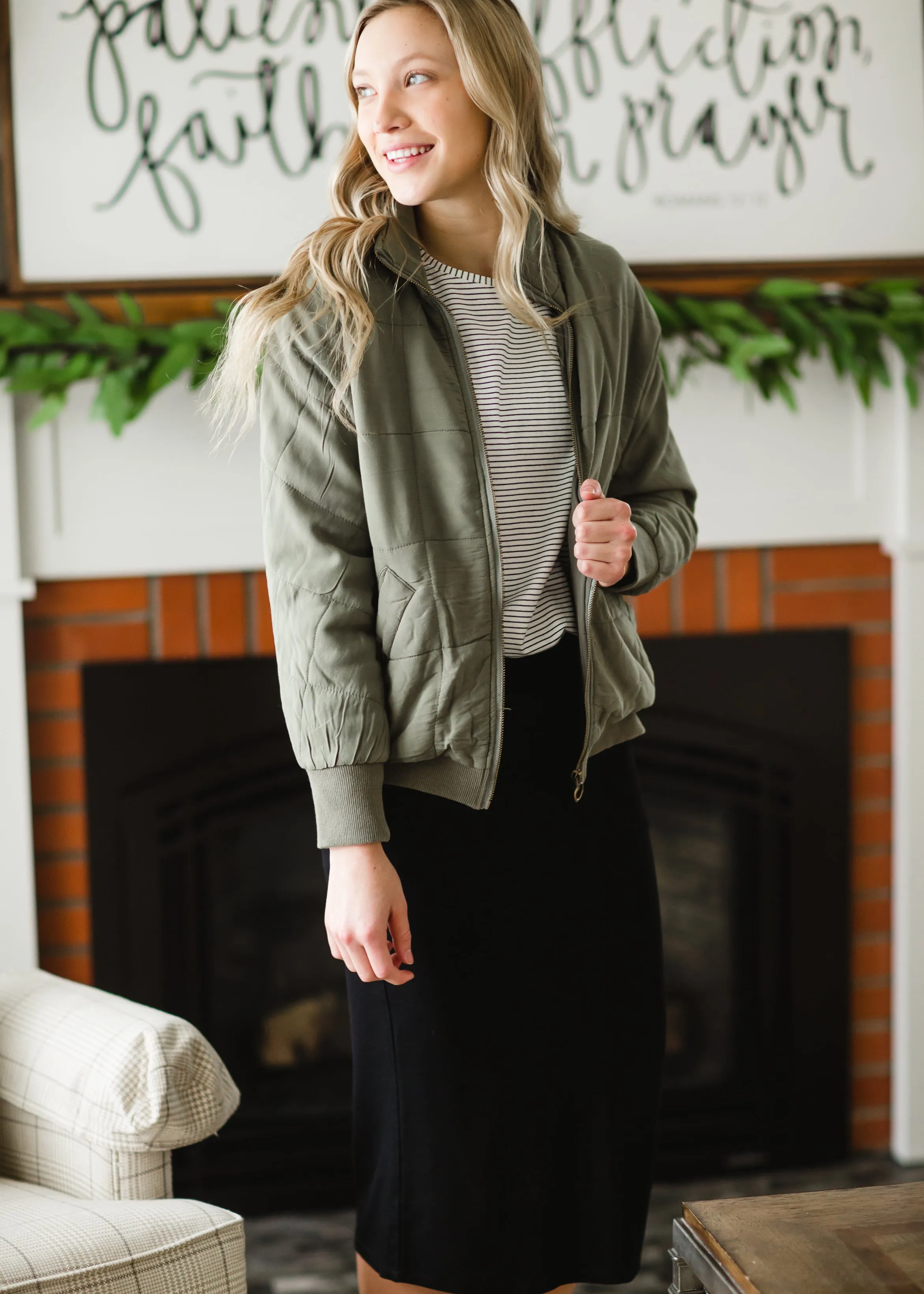 Olive Quilted Bomber Jacket