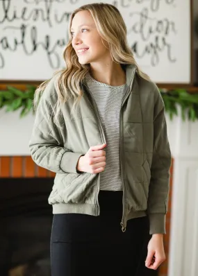 Olive Quilted Bomber Jacket