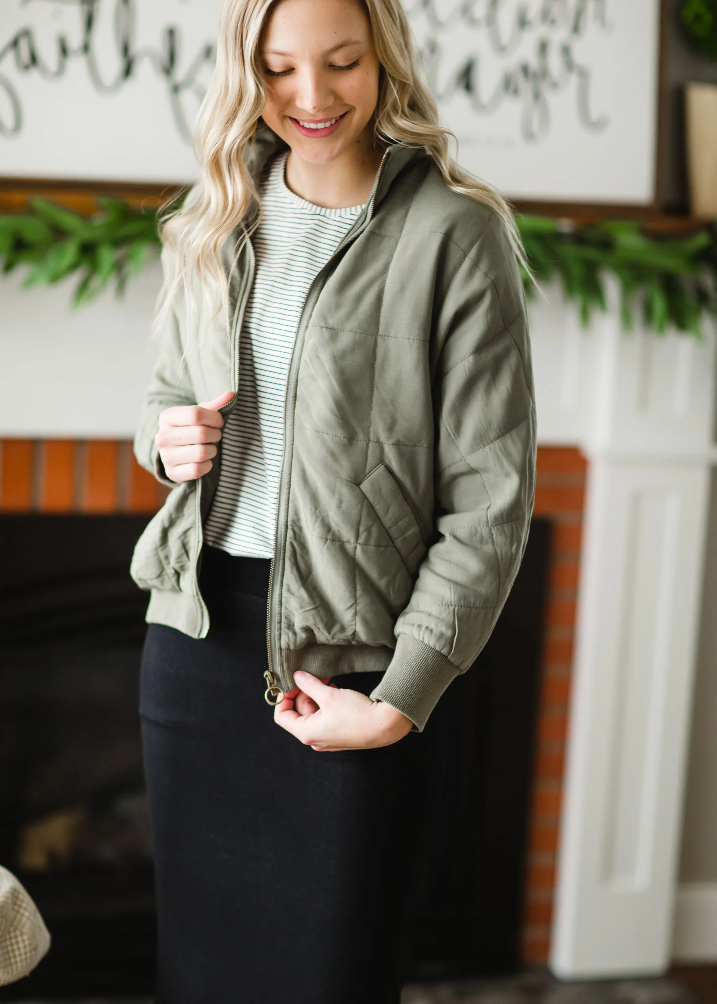 Olive Quilted Bomber Jacket