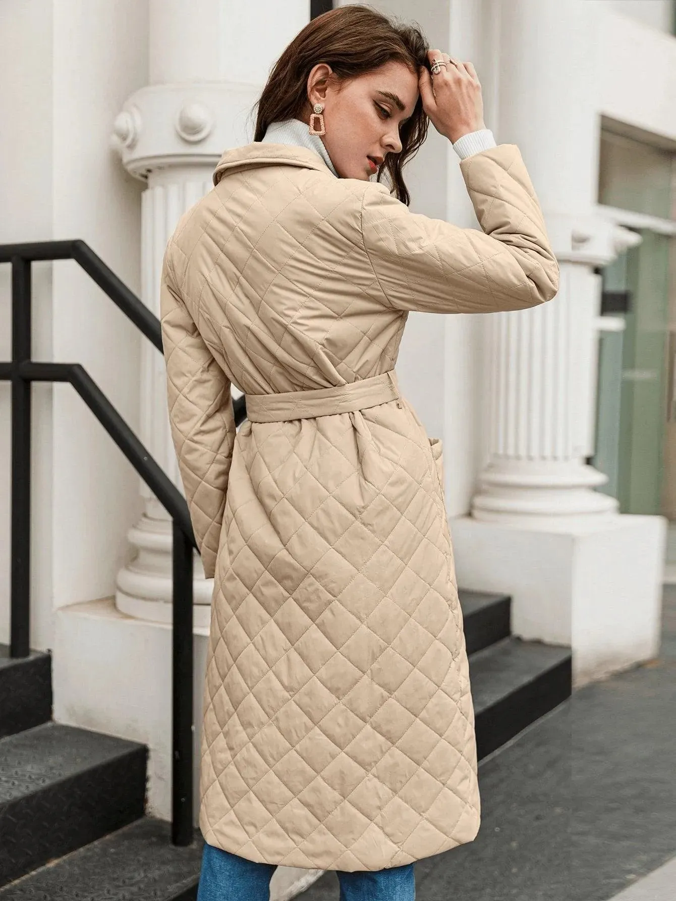 Open Front Patch Pocket Belted Quilted Padded Coat Khaki