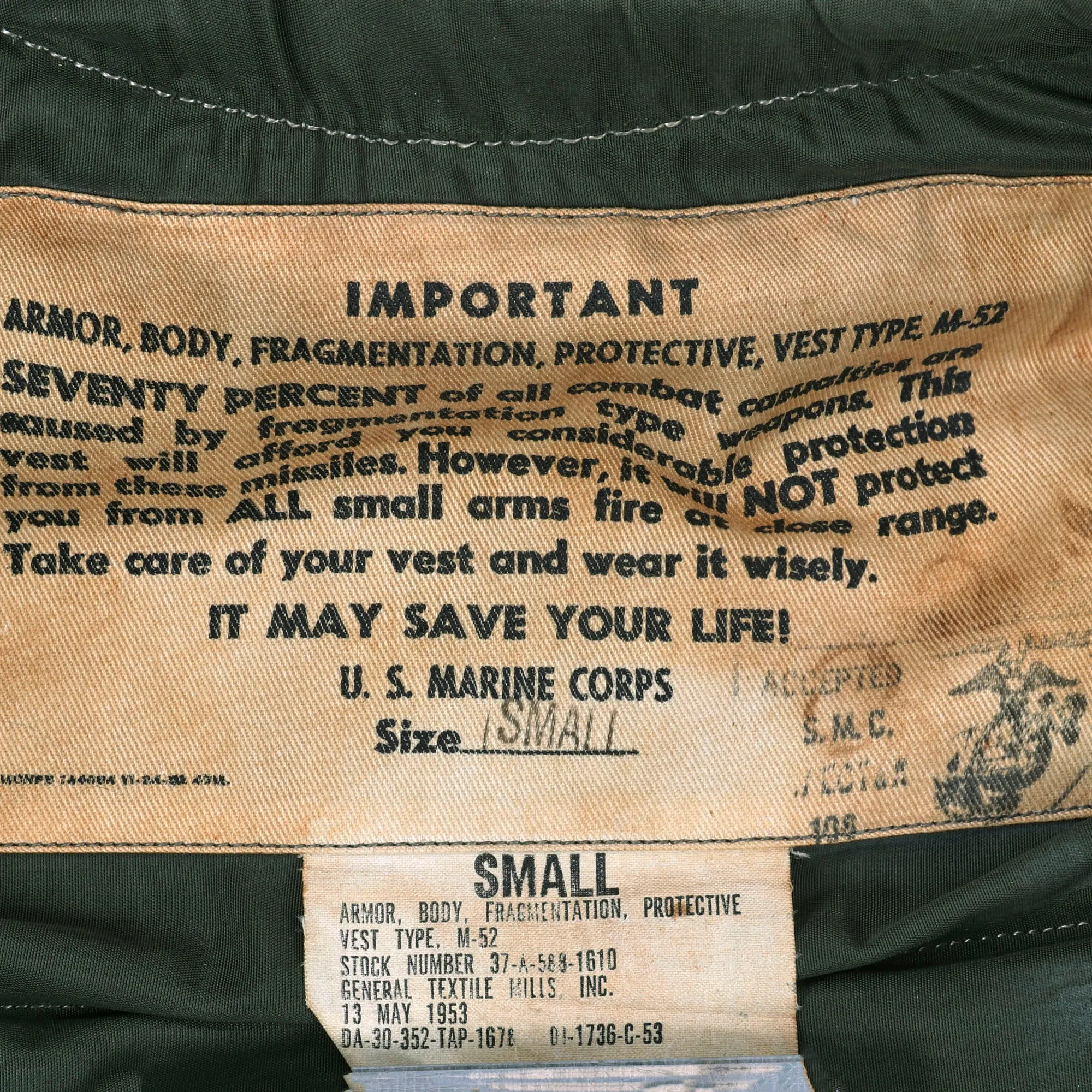 Original U.S. Korean War to Cold War Era US Marine Corps M-1952 Flak Jacket With Protective Plates - In service From 1952-1980 