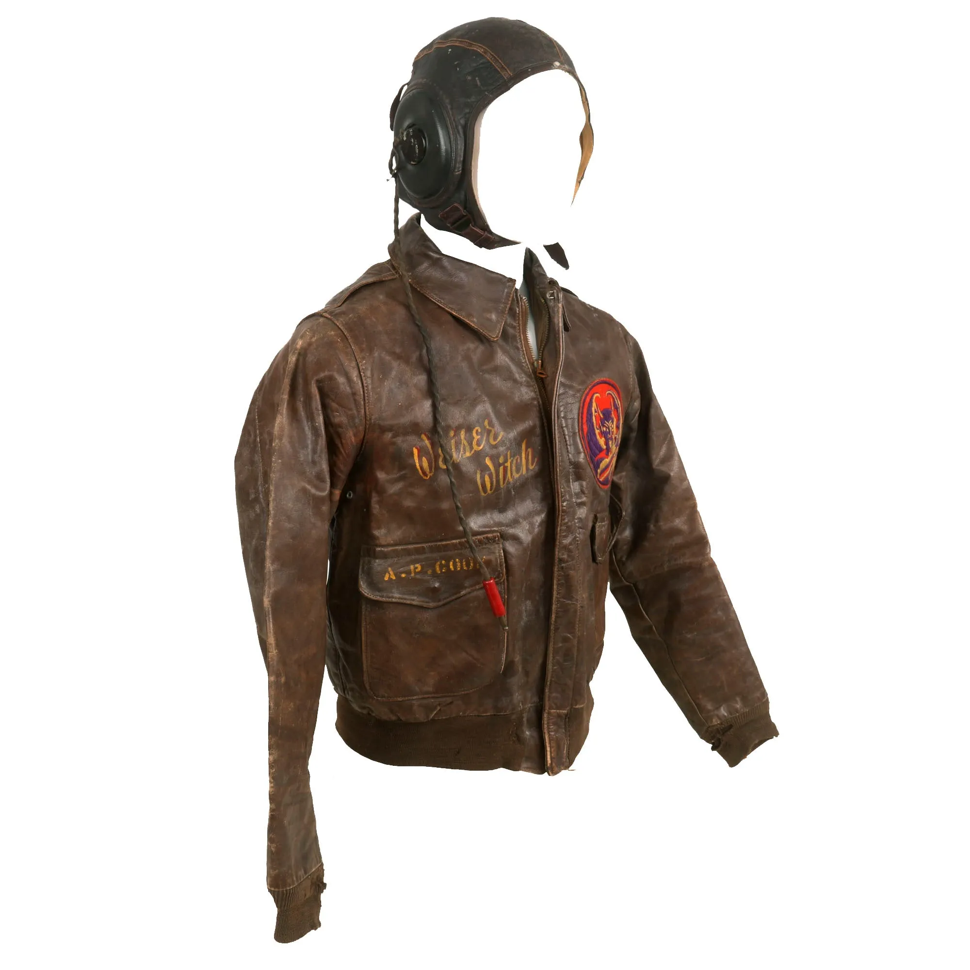 Original U.S. WWII B-24 Weiser Witch Painted A-2 Flying Jacket Grouping - Alfred P. Cook - 8th Air Force, 707th Bomb Squadron - Caterpillar Club Member
