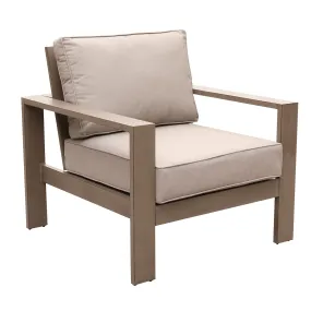 Outdoor Arm Chair In Aluminium, Remains Rust Free With UV Repellent Powder Coat Finish, Includes All-Weather Cushions, Invites You To Sink In & Relax.