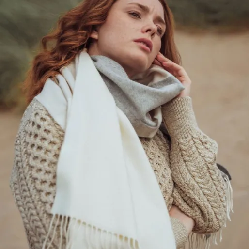 Oversized Merino Wool Wrap Scarf in White, Silver and Grey