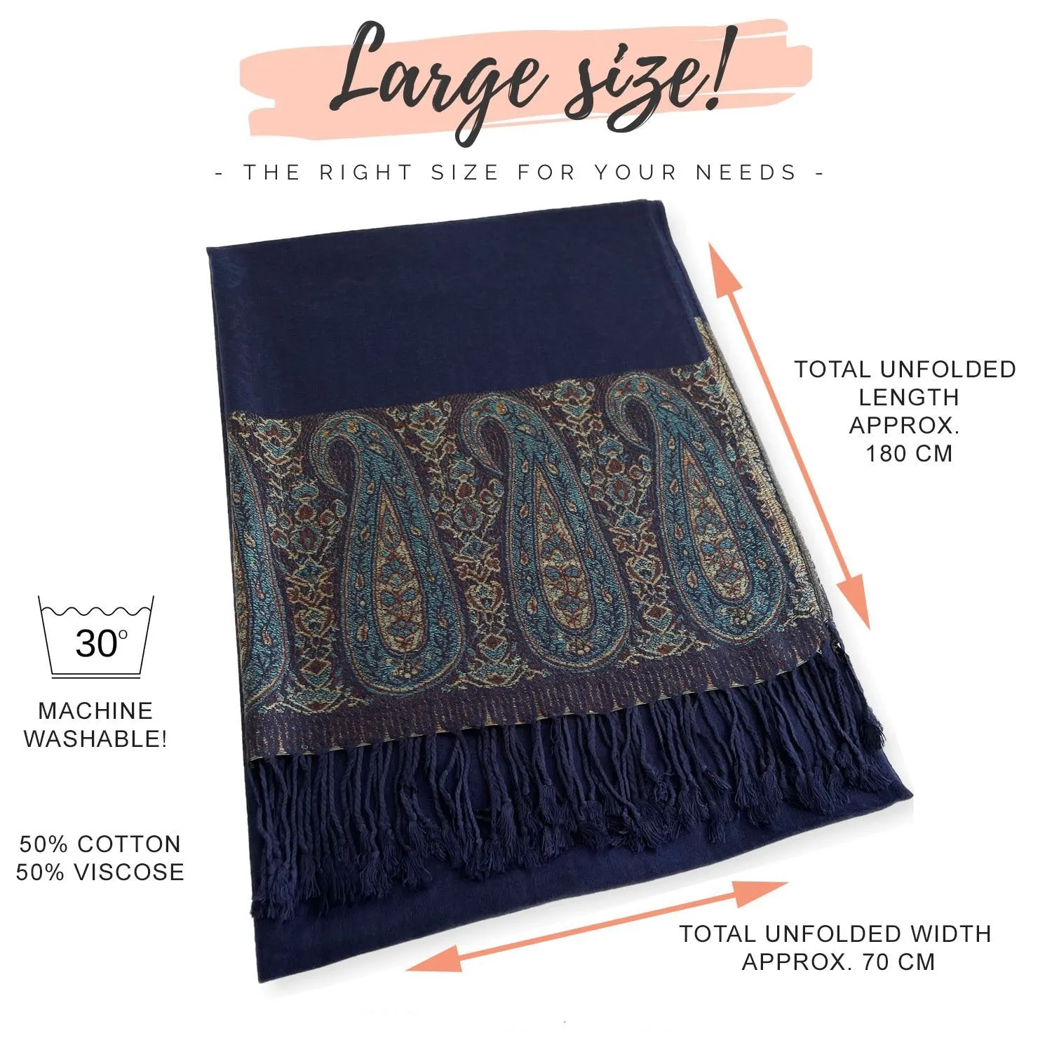 PAISLEY PRINT NAVY BLUE LIGHTWEIGHT PASHMINA SHAWL SCARF