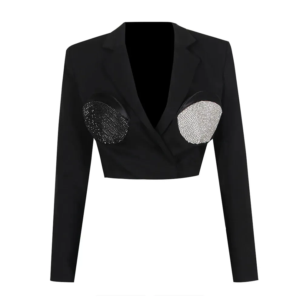 Patchwork Diamonds Blazers For Women Notched Collar Long Sleeve Slim Temperament Blazer Female Fashion Clothing