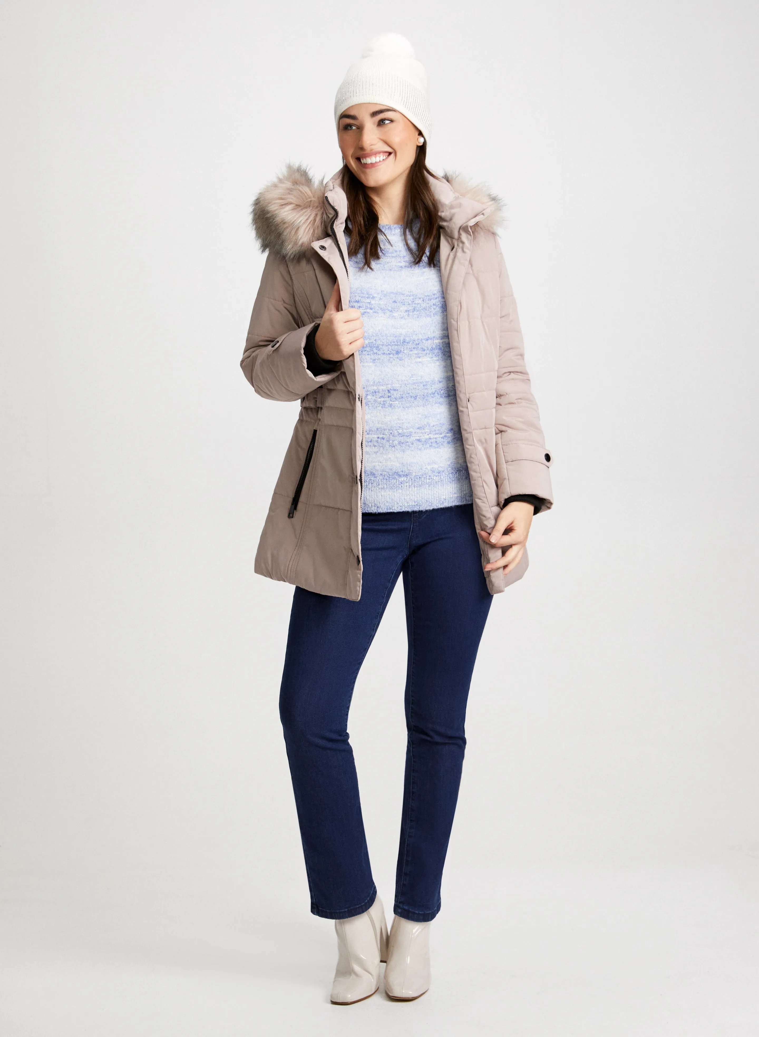 Quilted Coat, Striped Sweater & Jeans