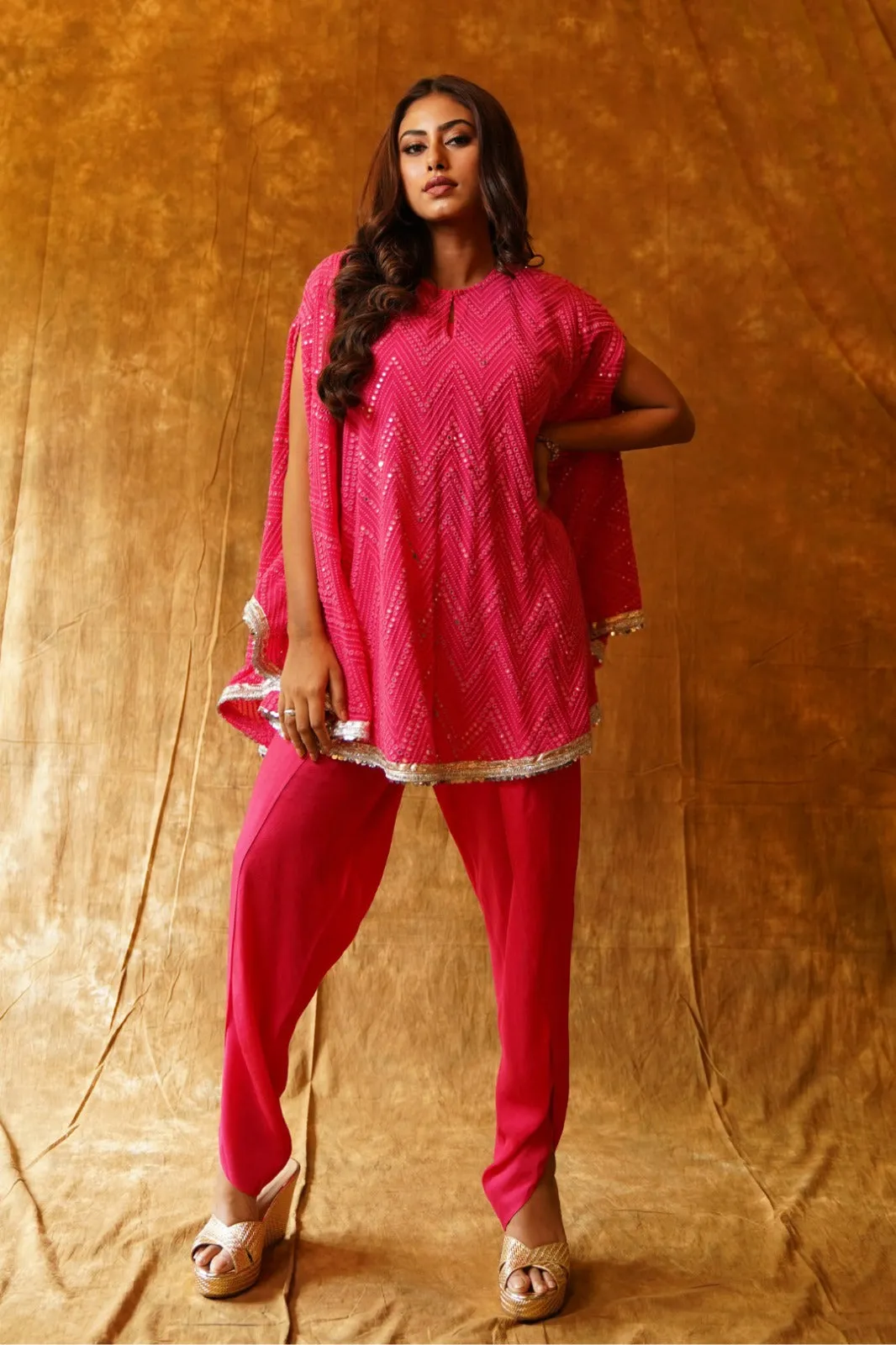 Rani pink mirrorwork poncho & overlap dhoti set