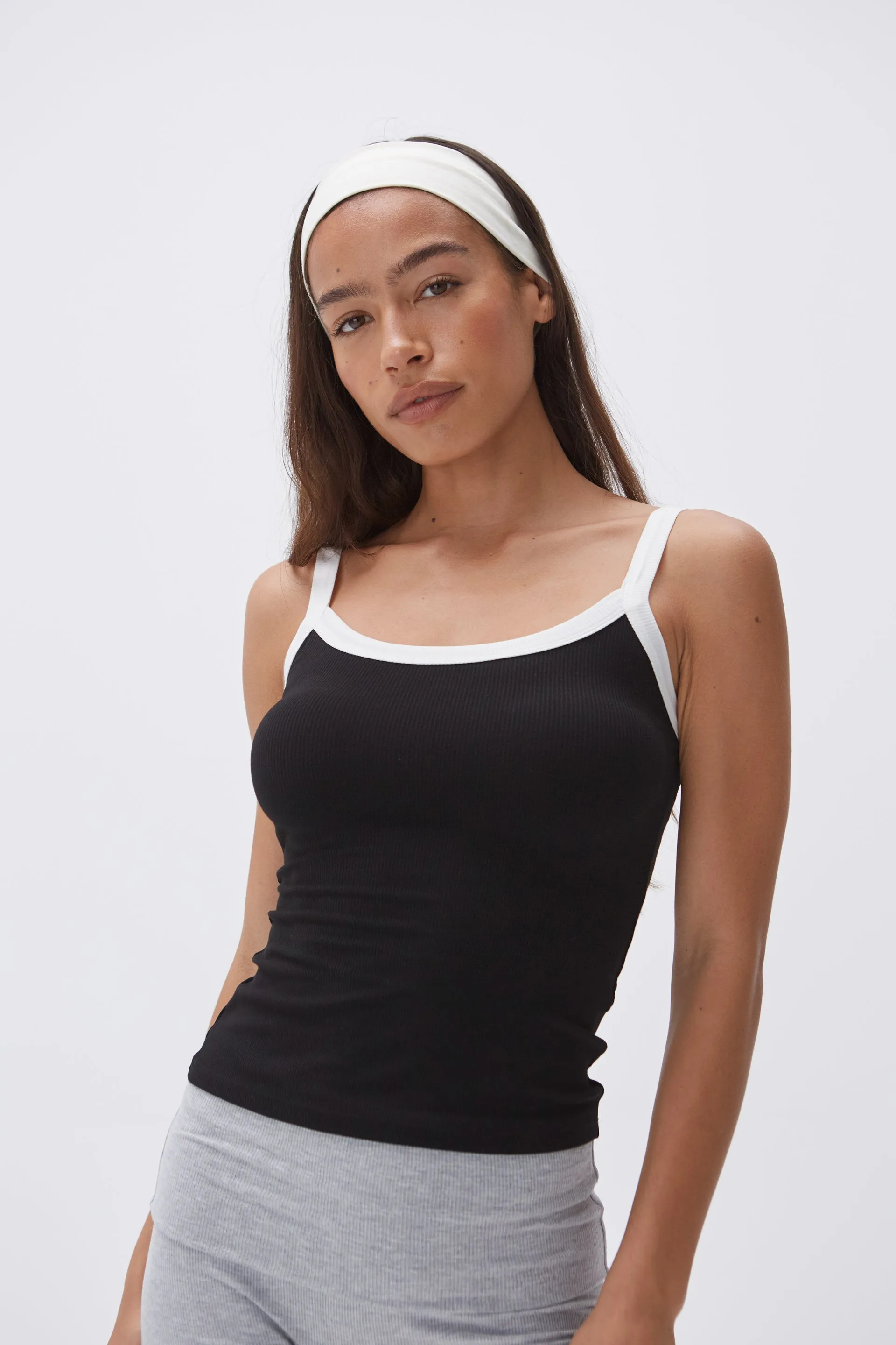 Rib Strappy Vest Top - Black/Off White