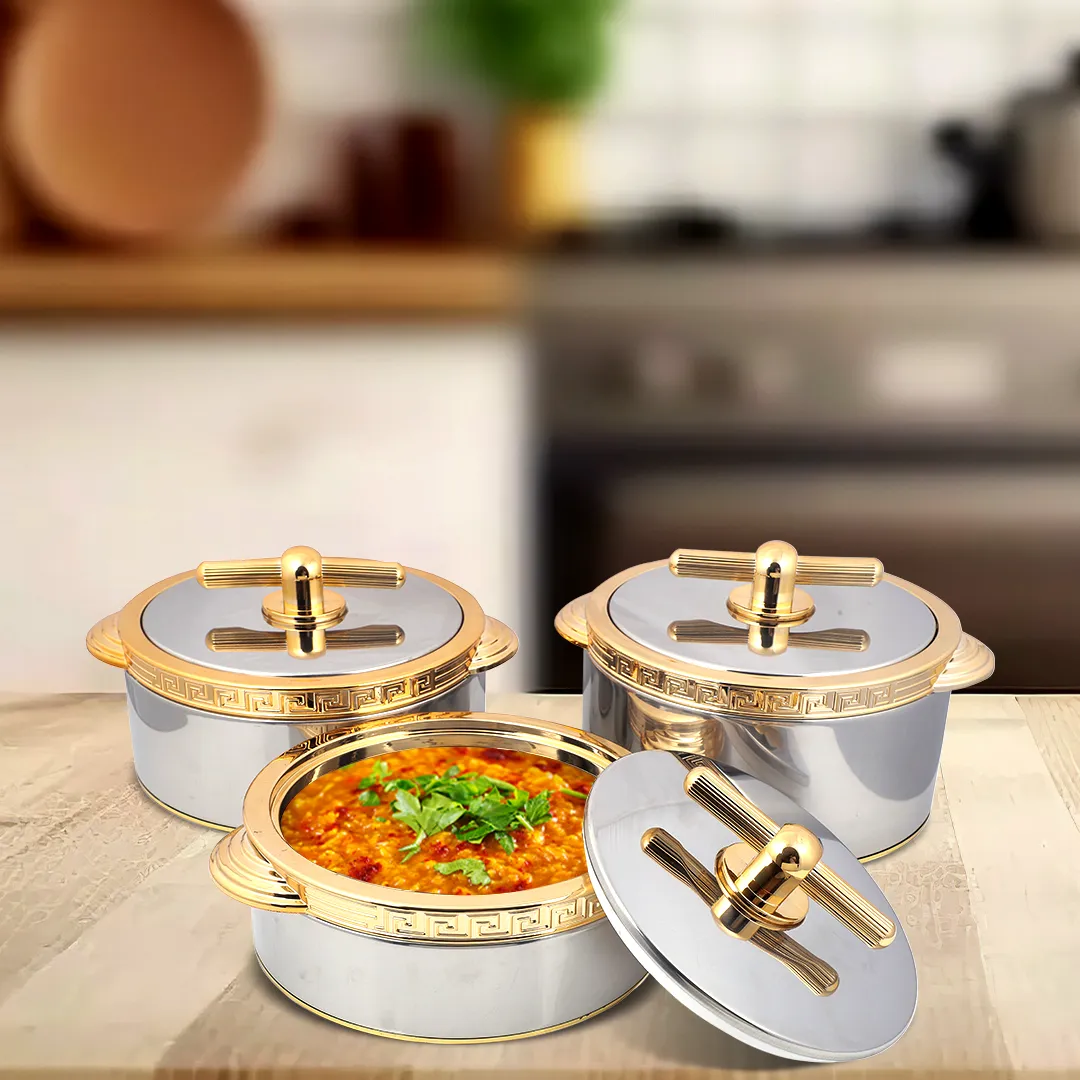 RISHABH 3-Piece Insulated Casserole Set in Gold - Sizes: 1500ml, 2000ml, 2500ml