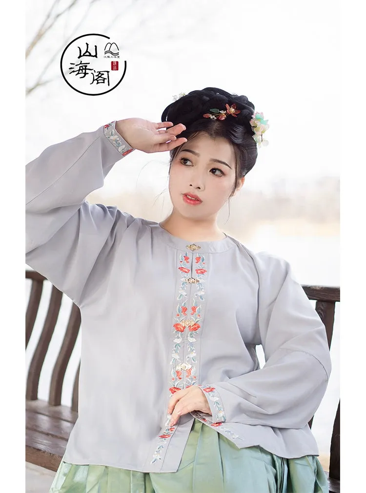 Shancha Hua 山茶花 Camellia Wreath Early Ming Plus Size Embroidered Jiaoling Yuanling Ao Shirt